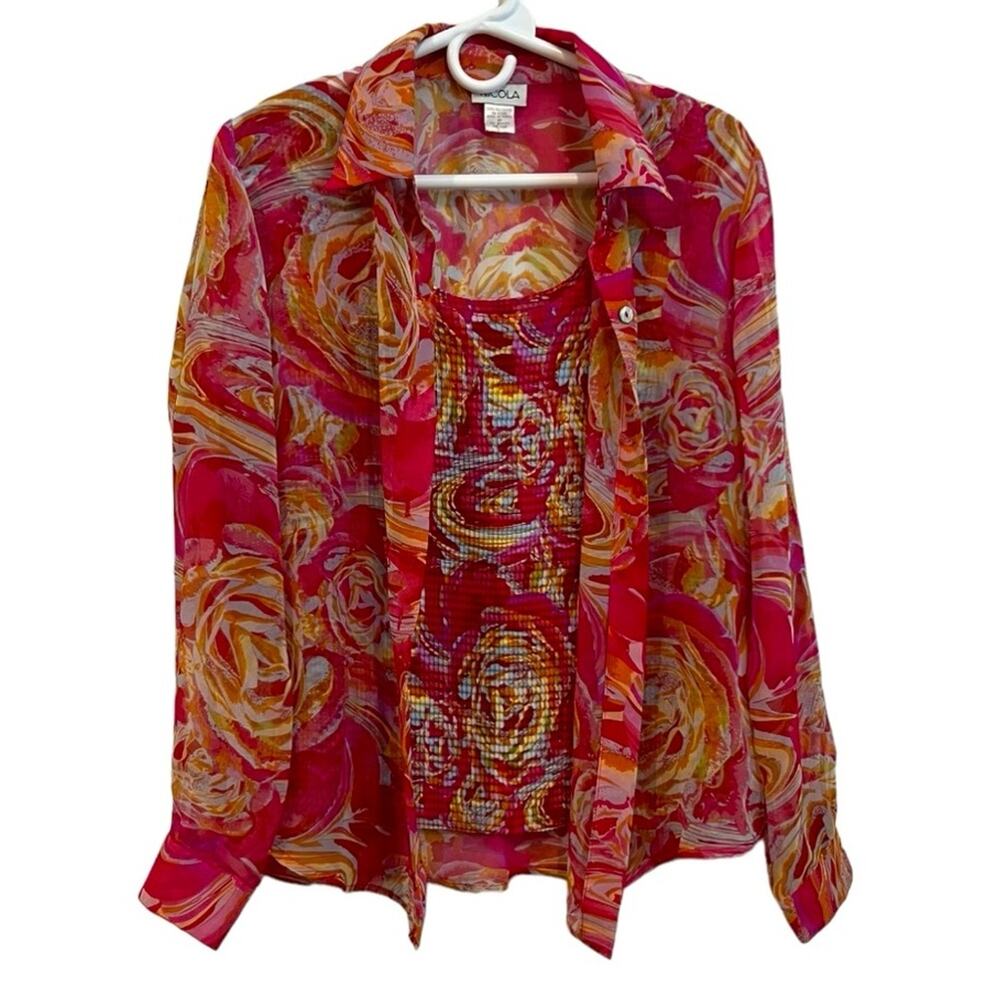 Nicola Top Women M Blouse Pink Orange Floral Pop Over and Tank Floral Spring